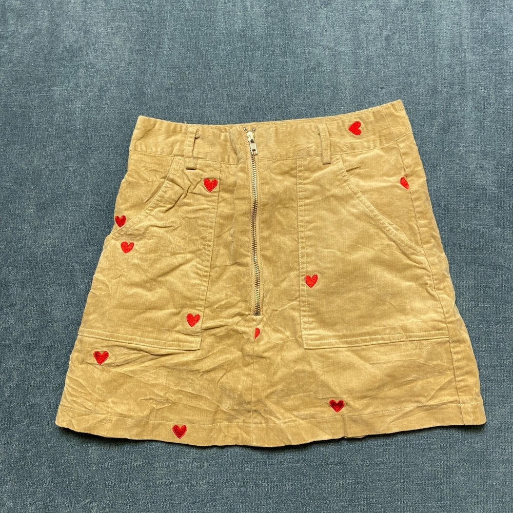 Cider Closet's Happy Hour Corduroy Skirt Womens Small Beige Embroidered Hearts